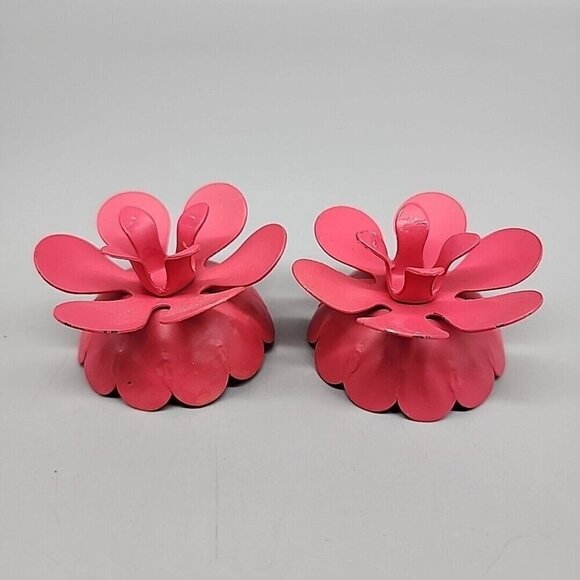 Lenox Pair Set 2 Flower Candle Holder Pink Metal - Picture 1 of 5